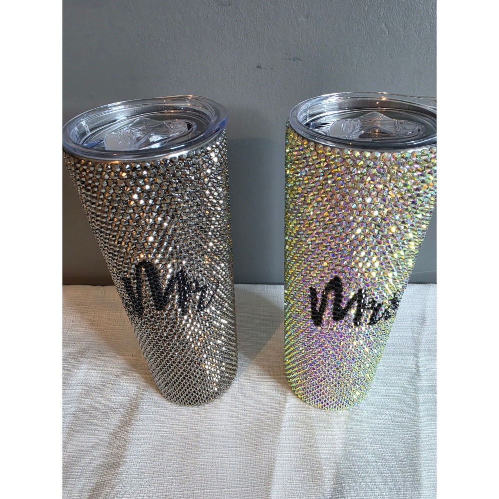 Mr and Mrs Rhinestone Tumbler Set Silver and AB Crystal Wedding Gift 2pc
